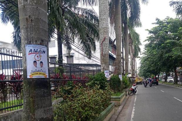 Stiker Kampanye Akhyar-Salman menempel di pohon di salah satu kawasan jalan di Kota Medan SUMBER: SINDOnews/Sartana