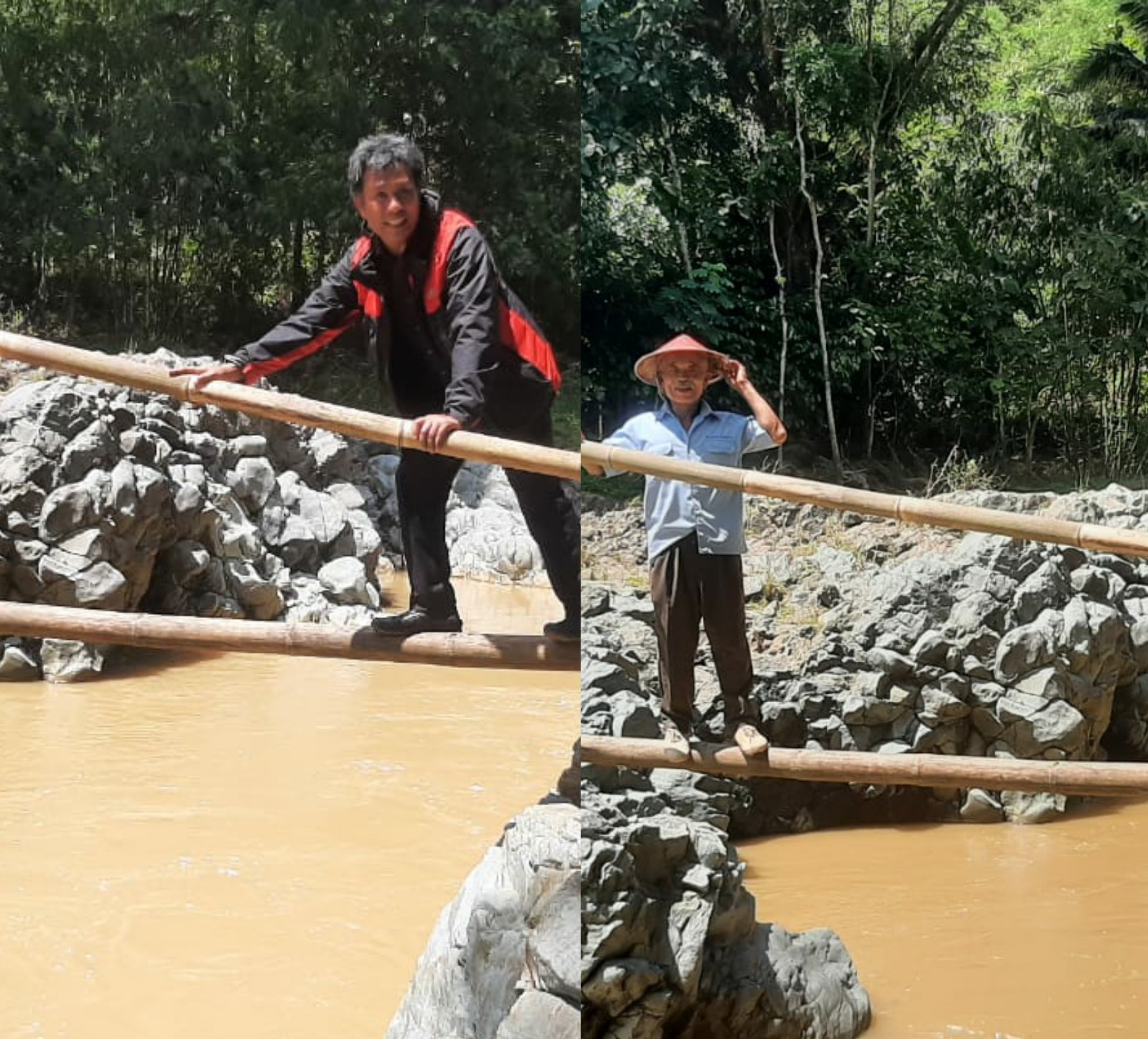 Lancur Susanto saat mencoba melintasi sungai dengan sebatang bambu.